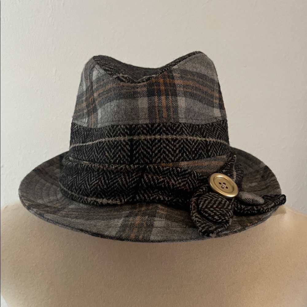 Plaid Fedora Hat with Button Detail